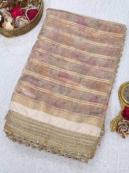 Golden Banarasi Tissue Silk Saree with gota patti border, brocade aachal, and unstitched brocade blouse – handwoven in Banaras.