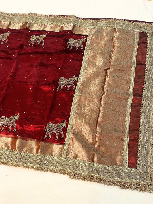 Hand Embroidered Maroon Banarasi Tissue Silk Saree with Nandi Buta, Gota Patti Border, Brocade Aachal, and Unstitched Brocade Blouse