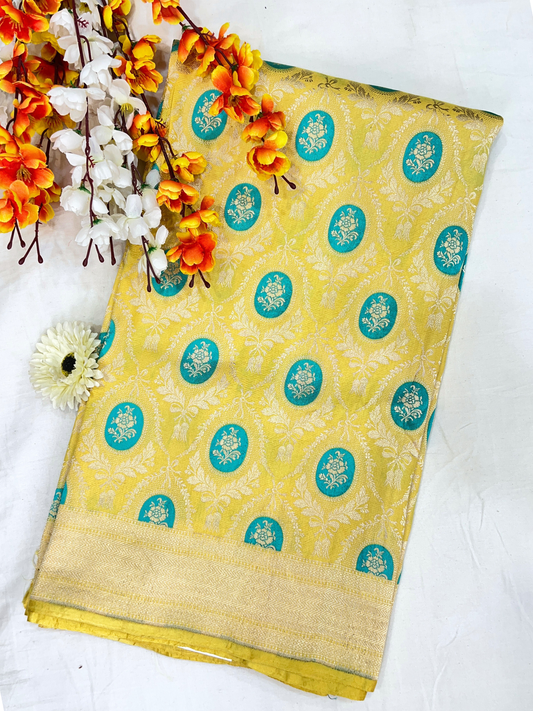 Yellow Katan Silk Saree with floral front view