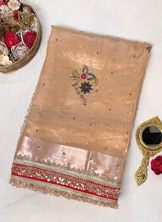 Hand Embroidered Golden Banarasi Tissue Silk Saree with Phool Buta, Pure Tissue Silk Fabric, and Intricate Handcrafted Details