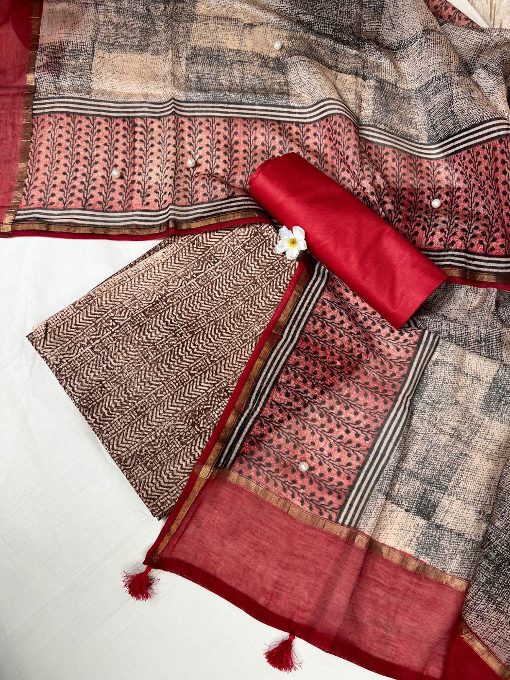 Red Mul Chanderi Suit with floral and abstract hand block front view 