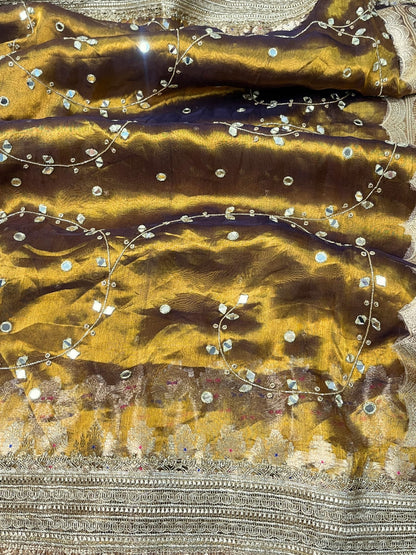 Hand Embroidered Wine Jaal Tissue Silk Saree with Intricate Traditional Design- Mantavya Banaras
