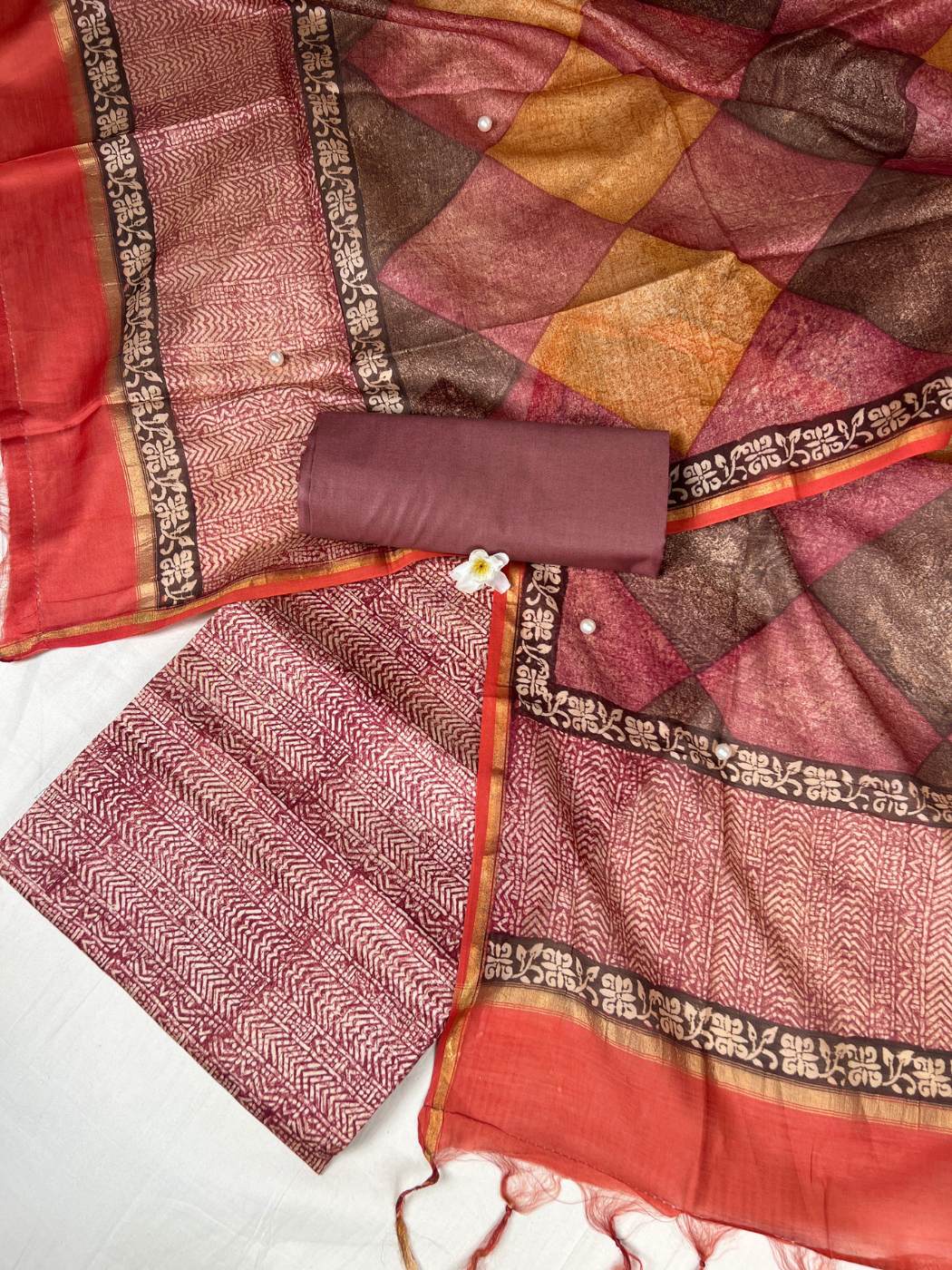 Maroon Mul Chanderi Suit with floral and abstract hand block front  view