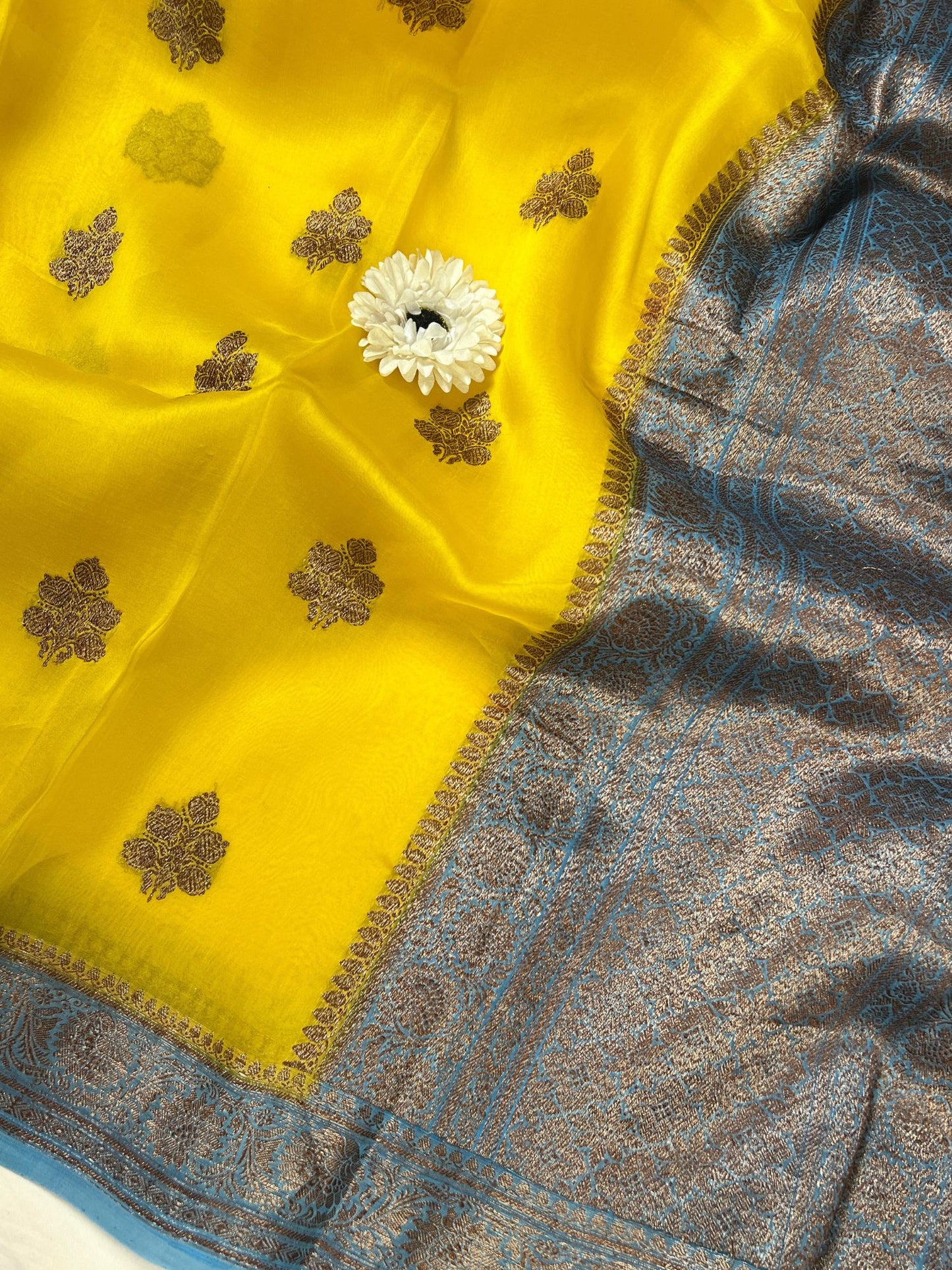 Yellow Kora Silk Saree closeup view