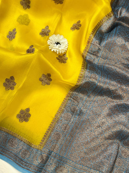 Yellow Kora Silk Saree closeup view
