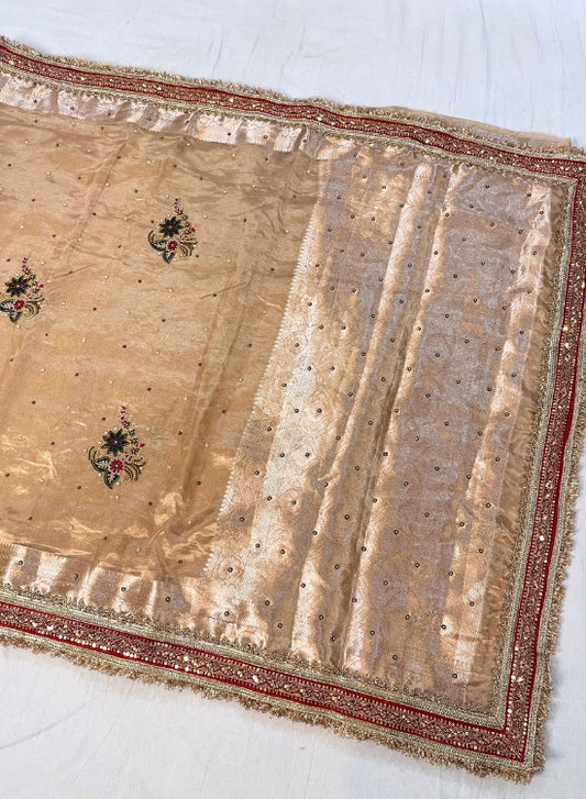 Hand Embroidered Golden Banarasi Tissue Silk Saree with Phool Buta, Pure Tissue Silk Fabric, and Intricate Handcrafted Details