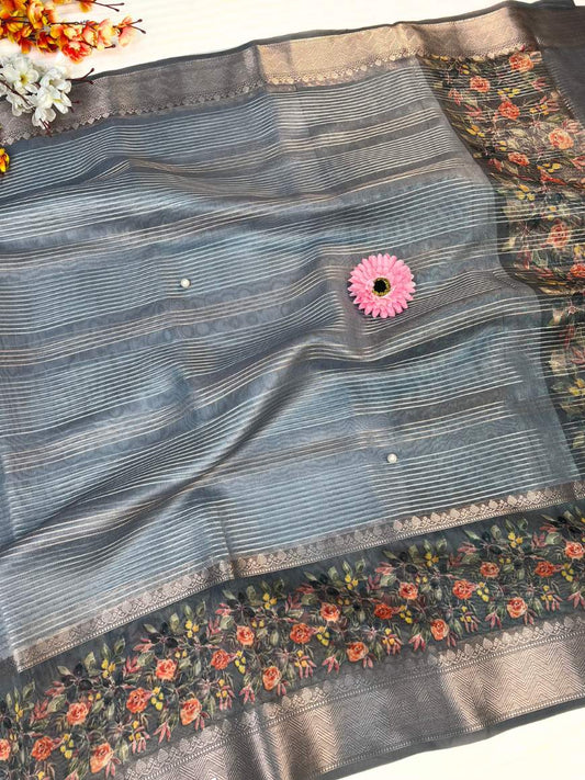 Grey Chiniya Silk Saree Full View-Mantavya Banaras