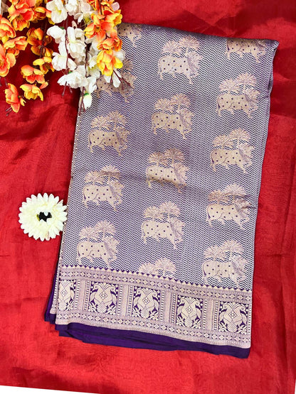 Purple Katan Silk Saree with elephant front view
