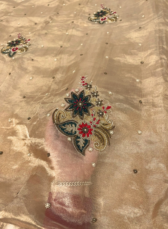 Hand Embroidered Golden Banarasi Tissue Silk Saree with Phool Buta, Pure Tissue Silk Fabric, and Intricate Handcrafted Details