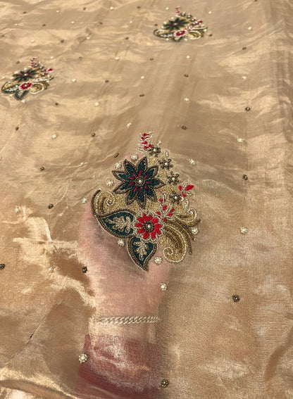 Hand Embroidered Golden Banarasi Tissue Silk Saree with Phool Buta, Pure Tissue Silk Fabric, and Intricate Handcrafted Details