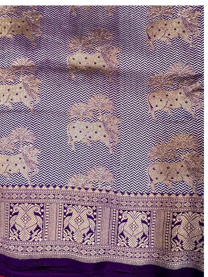 Purple Katan Silk Saree with elephant closeup view