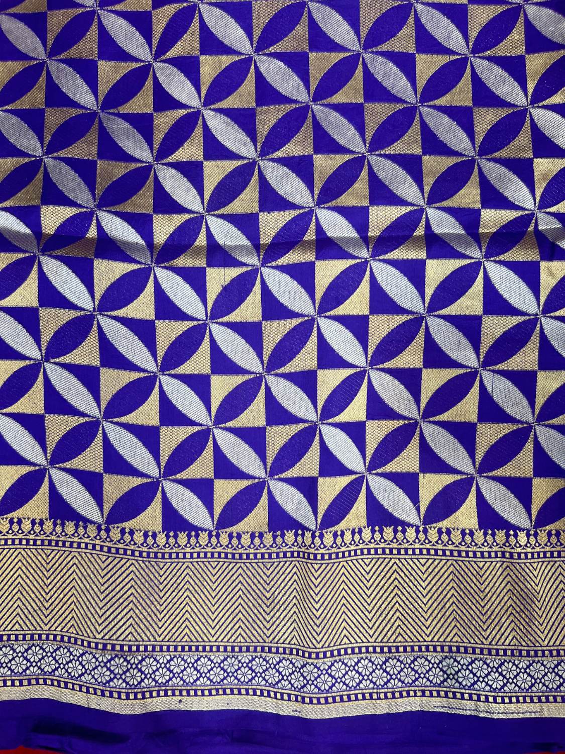 Royal Blue Katan Silk Saree with geometric closeup view