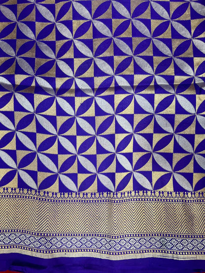 Royal Blue Katan Silk Saree with geometric closeup view