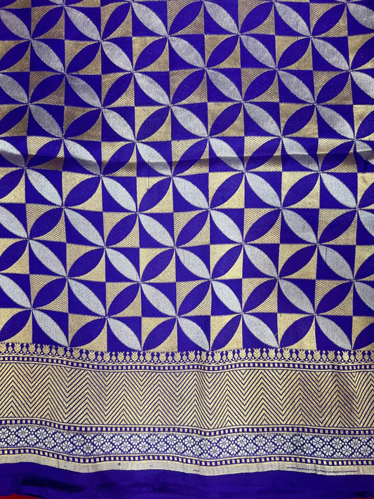 Royal Blue Katan Silk Saree with geometric closeup view