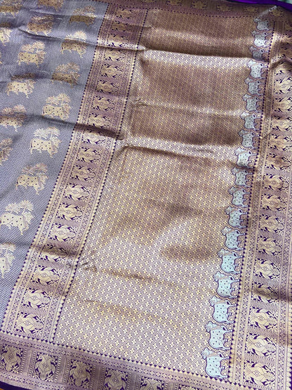 Purple Katan Silk Saree with elephant full view