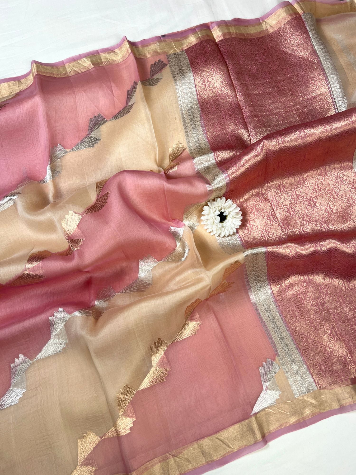  Pink Beige Kora Silk Saree full view