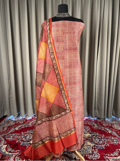 Maroon Mul Chanderi Suit with floral and abstract hand block full view