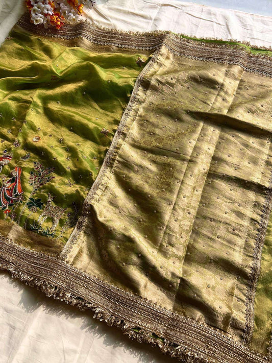 Pista green Radha Krishna Banarasi silk saree with divine traditional artwork