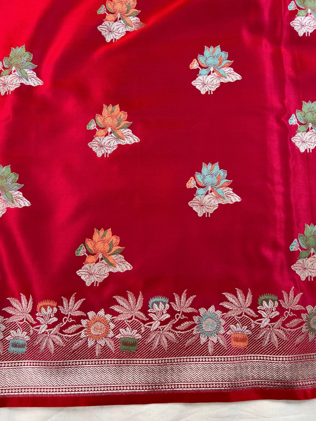 Red Katan Silk saree Close Up View