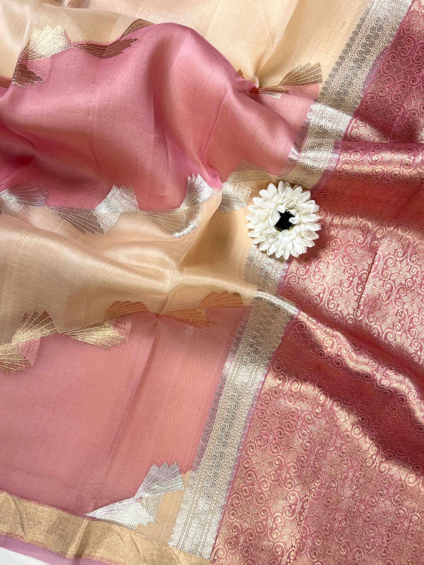  Pink Beige Kora Silk Saree closeup view 01