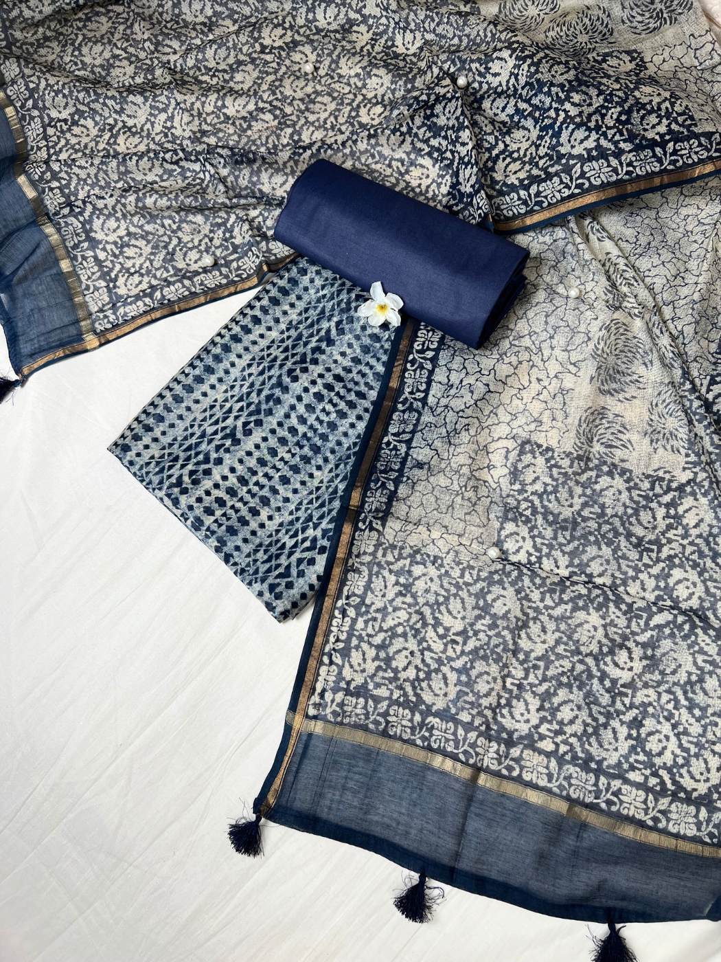 Royal Blue Mul Chanderi Suit with floral and abstract hand block front view 