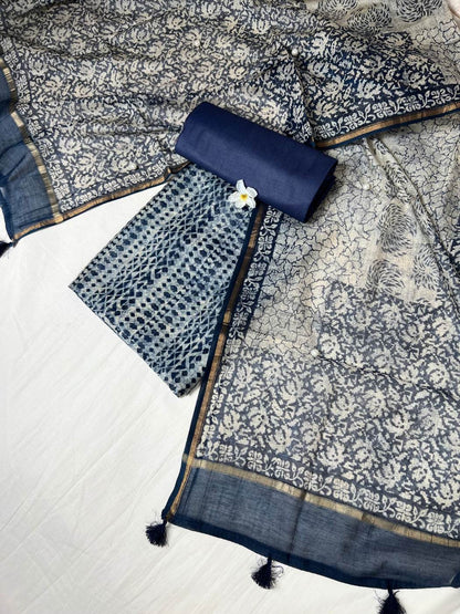 Royal Blue Mul Chanderi Suit with floral and abstract hand block front view 