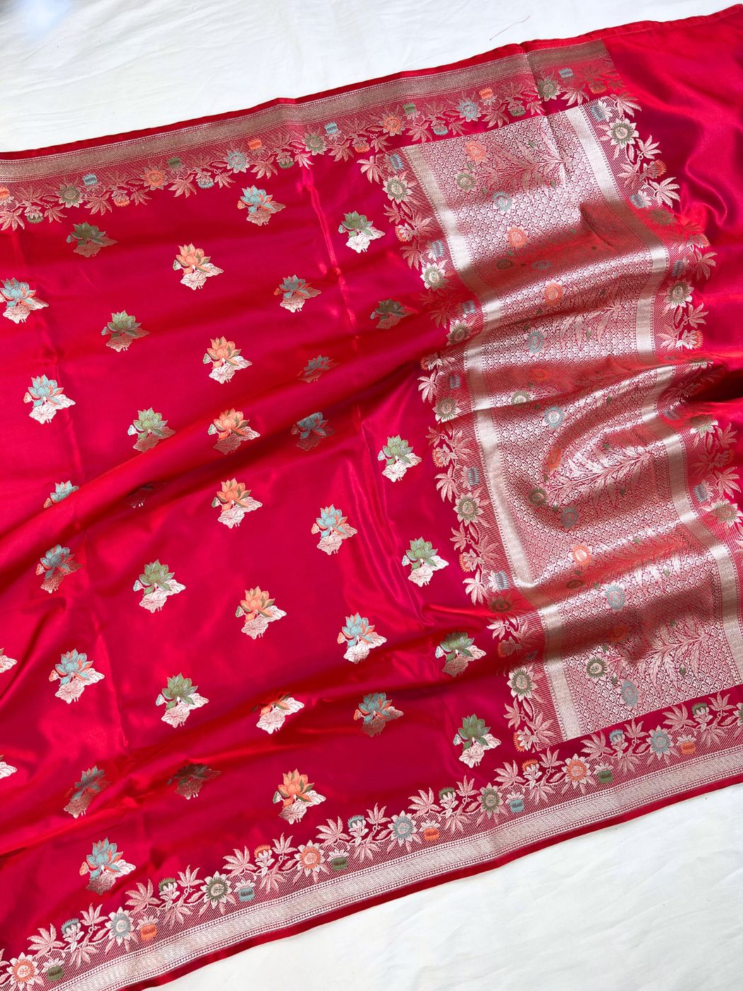 Red Katan Silk saree Full View