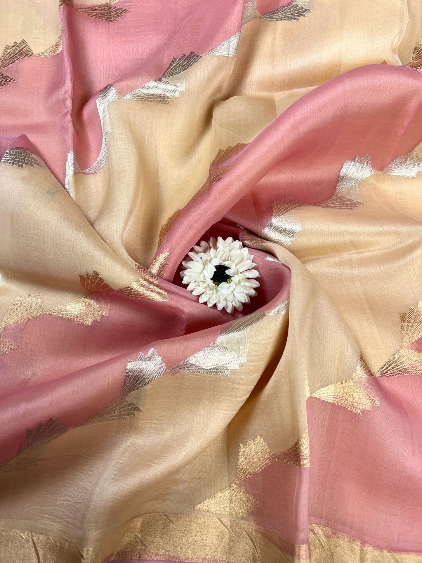  Pink Beige Kora Silk Saree closeup view 02