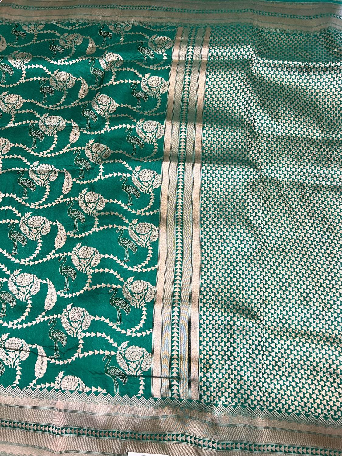 Bottle Green Katan Silk Saree with flamingo and floral full view