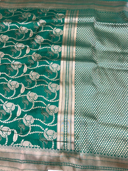 Bottle Green Katan Silk Saree with flamingo and floral full view