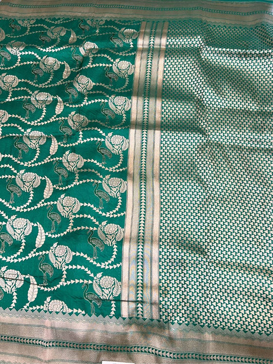 Bottle Green Katan Silk Saree with flamingo and floral full view