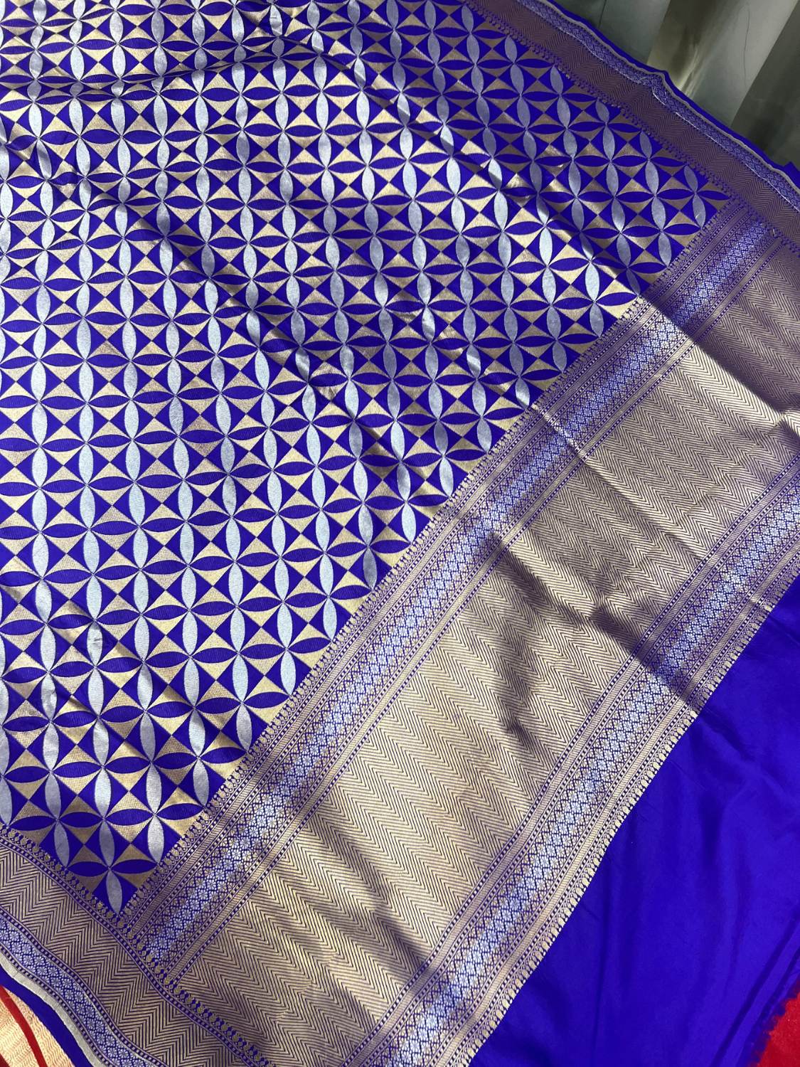 Royal Blue Katan Silk Saree with geometric full view