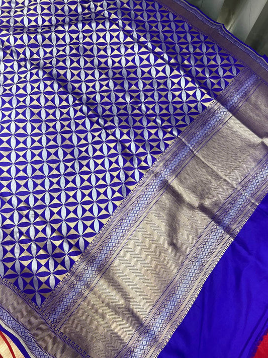 Royal Blue Katan Silk Saree with geometric full view