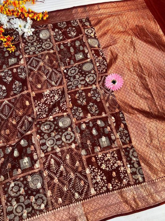 Brown Chanderi Silk Saree Full View-Mantavya Banaras