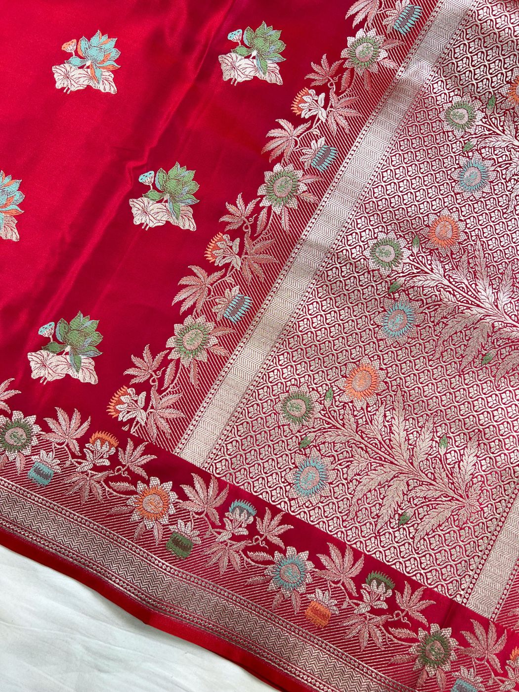 Red Katan Silk saree Anchal View