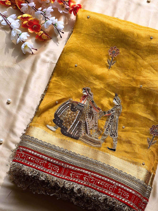 Yellow Saat Phere Banarasi silk saree perfect for wedding functions