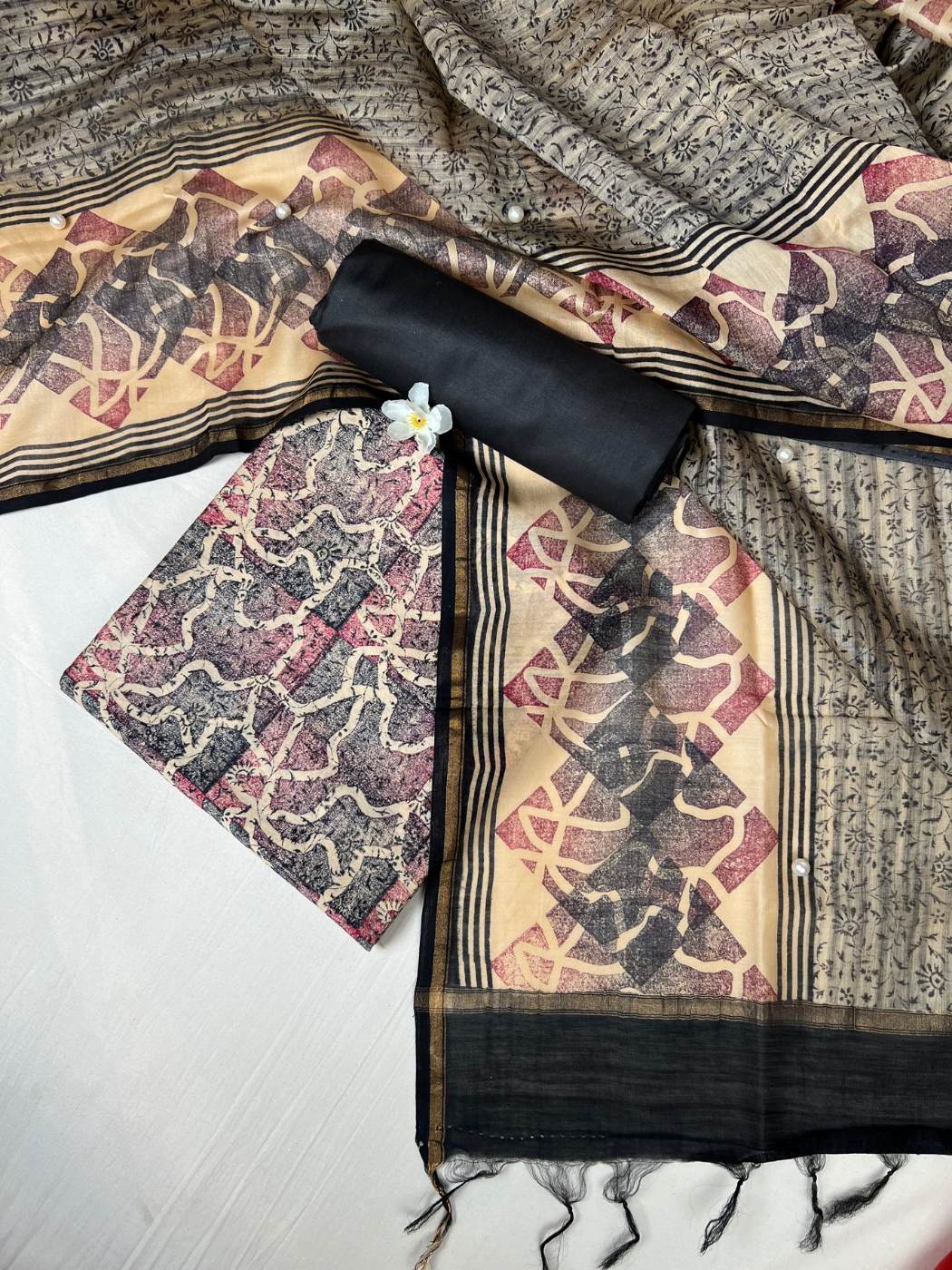  Black Mul Chanderi Suit with floral and abstract hand block front view