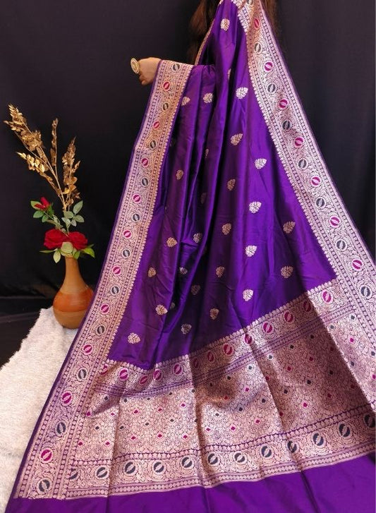 Handwoven Purple Katan Silk Saree by Mantavya with rich Banarasi zari motifs
