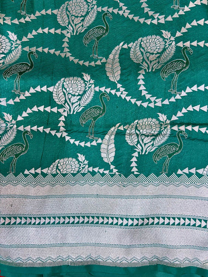 Bottle Green Katan Silk Saree with flamingo and floral closeup view