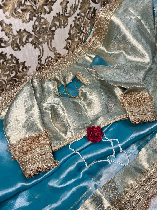 Sky Blue Pure Tissue Silk Saree with Soft Sheen and Elegant Drape – Mantavya Banaras
