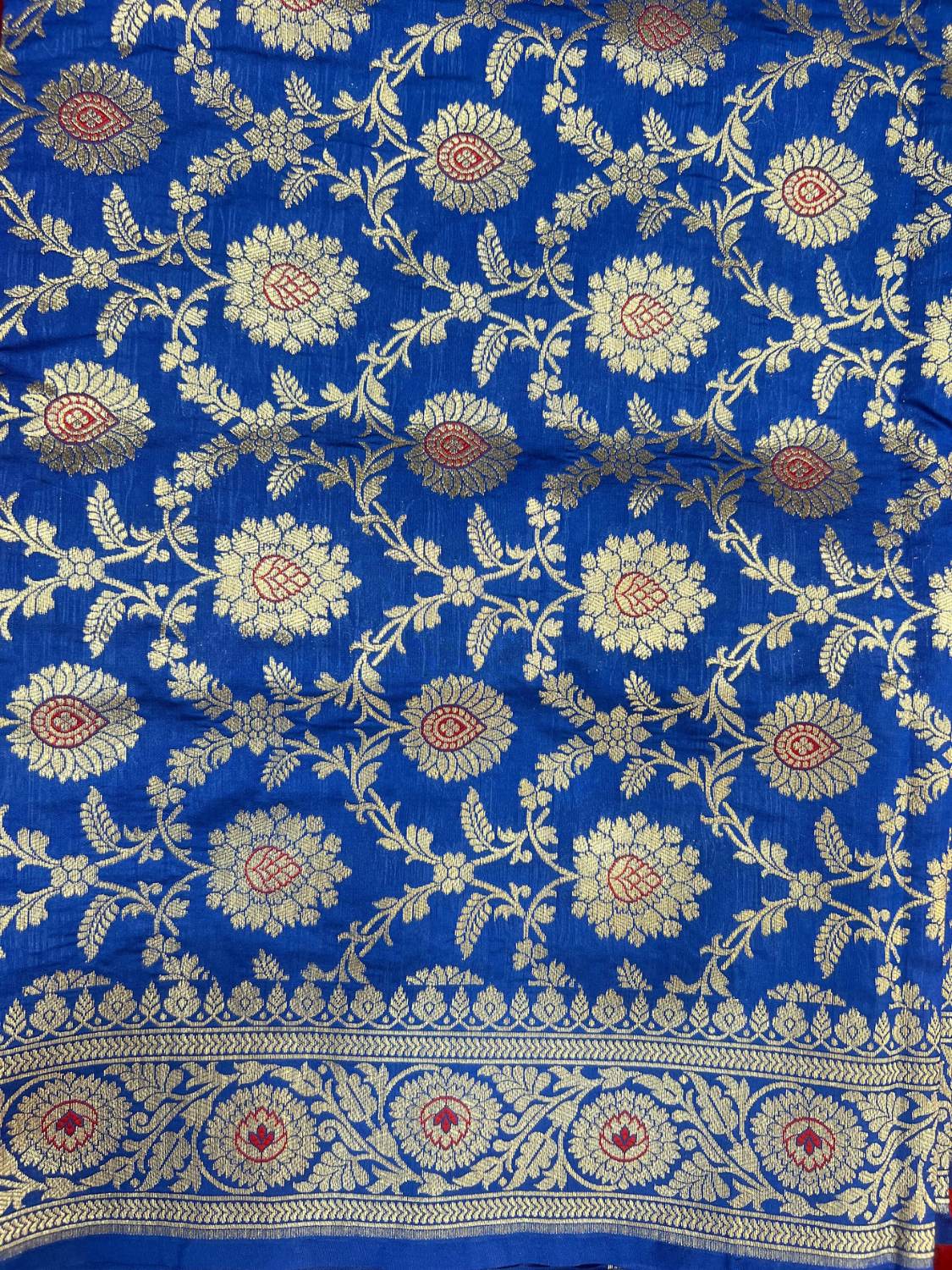 Blue Katan Silk Saree with floral and vine closeup view