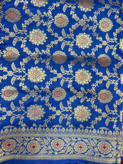 Blue Katan Silk Saree with floral and vine closeup view