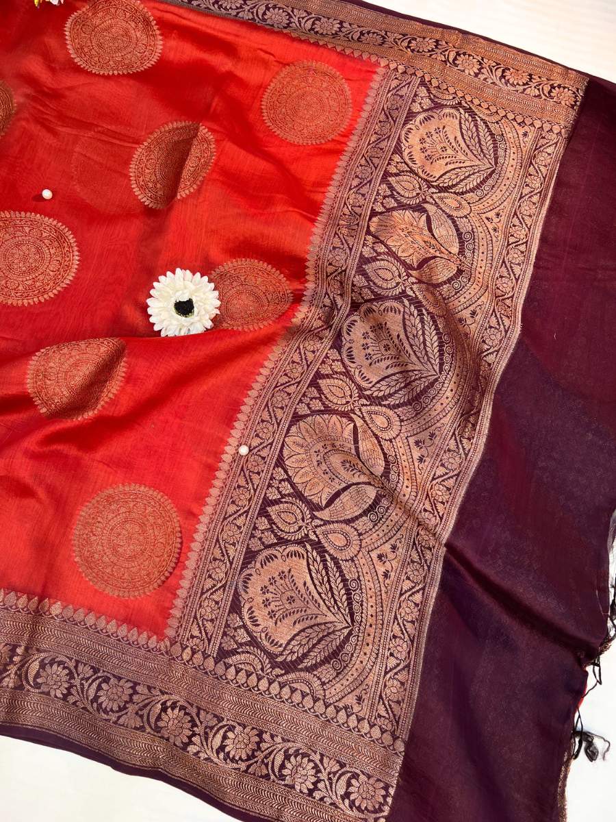 Red Chanderi SIlk Saree - Mantavya Banaras