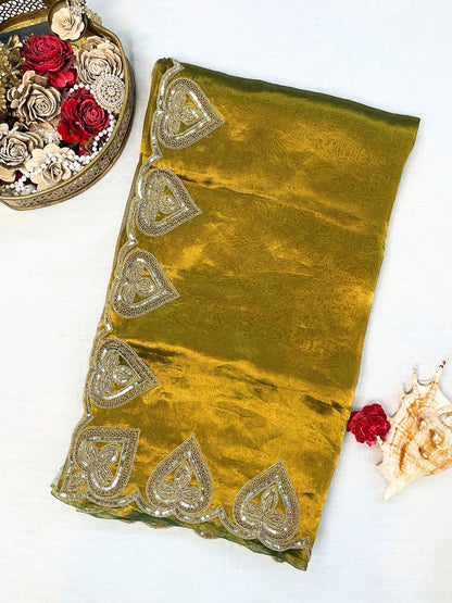 61Hand-Embroidered Green Sahiba Tissue Silk Saree from Mantavya Banaras featuring intricate handcrafted motifs, perfect for weddings and festive occasions.