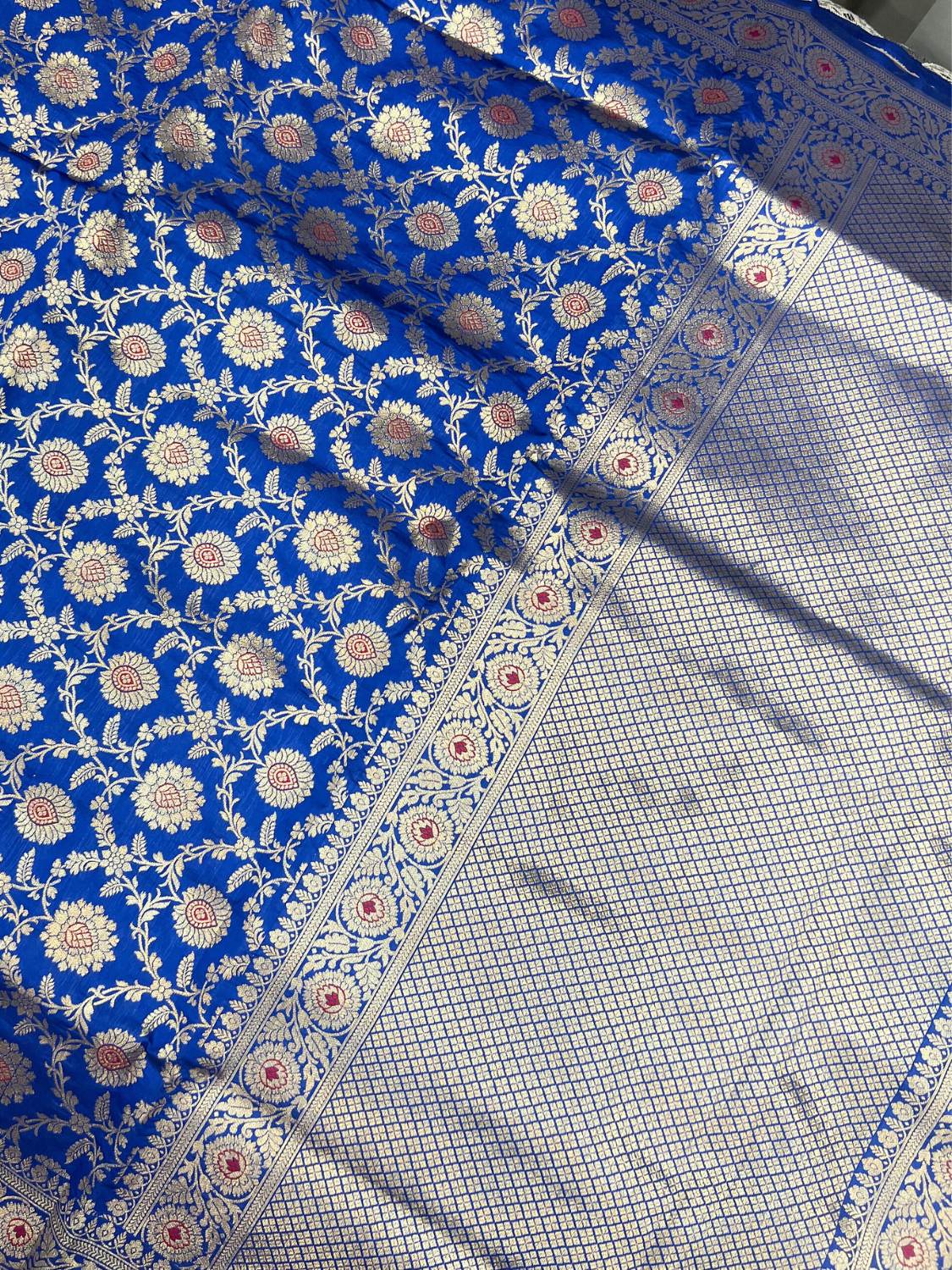 Blue Katan Silk Saree with floral and vine full view