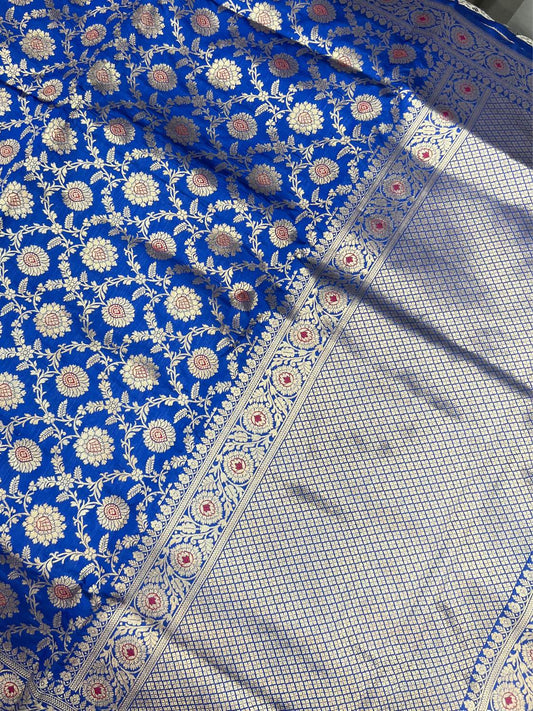 Blue Katan Silk Saree with floral and vine full view