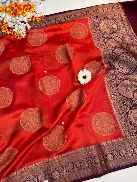 Red Chanderi SIlk Saree - Mantavya Banaras