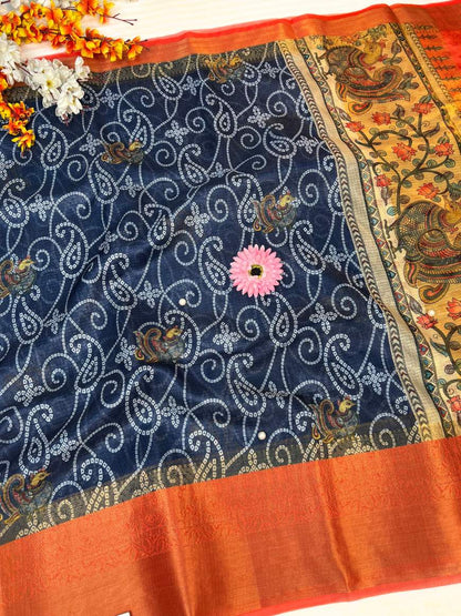 Navy Blue Manipuri Kota Silk Saree Full View-Mantavya Banaras