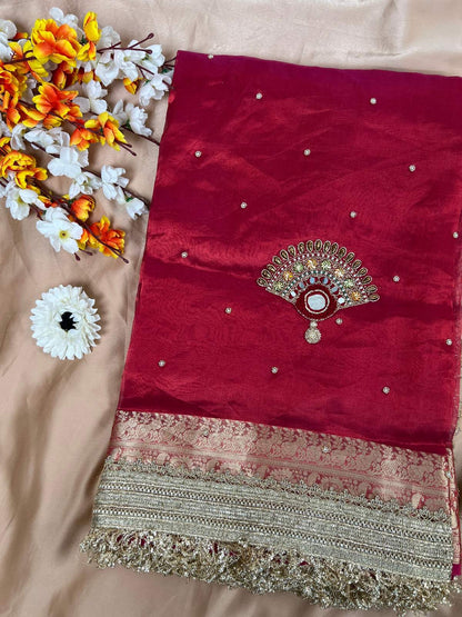 Royal Red Tissue Silk Saree Jhumka with Hand Embroidery Front View