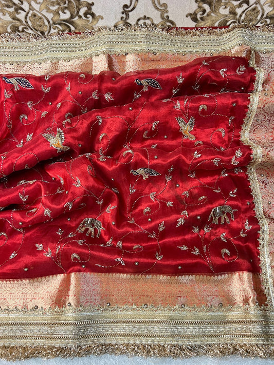 Red Jungle Jaal Banarasi silk saree with intricate jaal design
